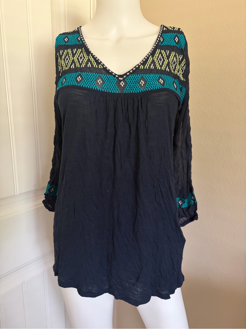 Vintage Y2K Lucky Brand Boho Flowy Sheer Embroidered Tribal Print Blouse